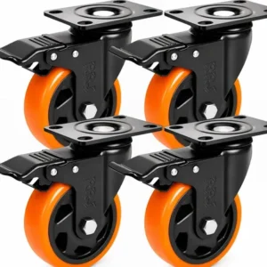 Kit 4 rodízios giratórios pvc laranja de (10 cm) com trava para móveis pesados