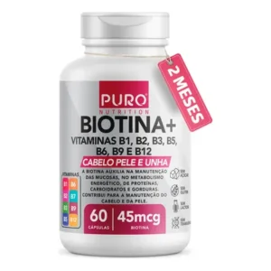 Biotina + puro nutrition pele, cabelo e unhas, 45 mcg de por dose, vitaminas b1, b2, b3, b5, b6, b9 b12, 60 cápsulas sem sabor