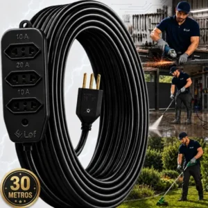 Extensão 30metros cabo pp reforçada obra profissional 10/20a preto 127/220v