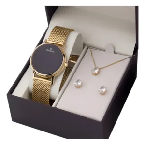 Relógio digital champion feminino dourado com colar brincos fundo preto