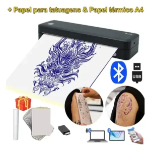 Impressora e de tatuagem a4 2en1 bluetooth + papel portátil 203dpi 127v/220v usb portátil... preto