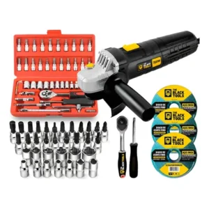 Esmerilhadeira lixadeira angular 4.1/2 750w c/ discos de corte fino + kit ferramentas 46 peças the black tools preto 127v