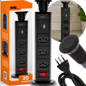 Torre de tomada retrátil 20a embutir impermeável preto mesa bancada cozinha escritório usb alta potência elétrica premium