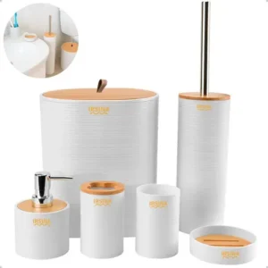 Kit banheiro conjunto de acessórios moderno bambu lixeira saboneteira escova cor branco irsina