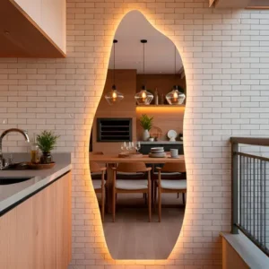 Espelho orgânico com led 170x70 cm ideal para quarto, banheiro, escritório, hall e sala - modelo flame iluminação quente, perfeito ambientes decoração moderna quente
