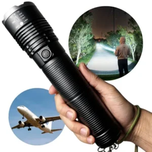 Lanterna led tática recarregável potente alcance 2km alumínio de avião militar sitio fazenda pesca acampamento camping... preto branco