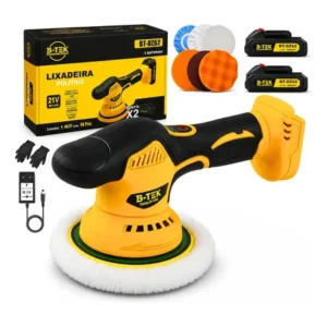 Politriz roto orbital a bateria 21v velocidade variável 600w estética automotiva b-tek bt-dz62 | kit boinas prato... amarelo 127/220v