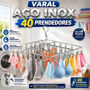 Varal suspenso para roupas íntimas em aço inox com 40 prendedores prateado