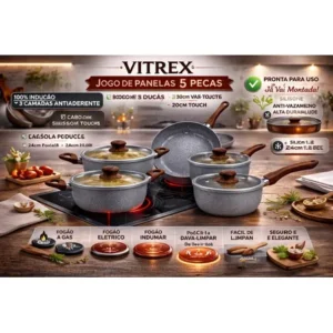 Jogo 5 panelas bologna indução cerâmica cinza vitrex premium