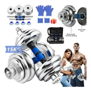 Kit halteres ajustáveis de 15kg para treino força e fitness com barra conectora prateado