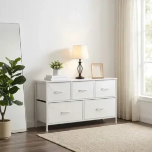 Cômoda com 5 gavetas, organizador de quarto, mdf e aço cor branco