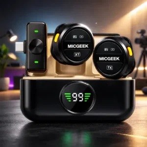Microfone lapela redondo sem fio tipo-c duplo anti ruído p/ android e iphone 15 16 17 com caixinha para carregamento cor preto micgeek