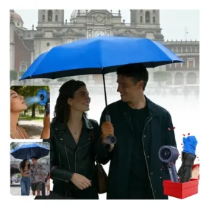 Guarda chuva sombrinha upf50+ c/mini soprador jet fan rpm sem fio +3 potências battery 2500mah, vento forte azul