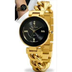 Relógio technos femíneo linha elos com corria de aço inoxidável cor dourado - fondo preto prova d'água