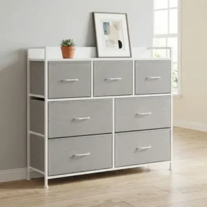 Cômoda de tecido com 7 gavetas, estrutura metal cinza