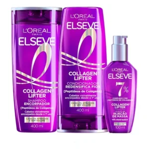 L'oréal paris elseve collagen lifter kit shampoo, condicionador e sérum leave-in com peptídeos proteção térmica para cabelos finos, volume em 3d, 400ml + 100ml