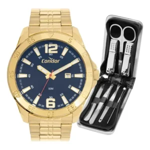 Kit relógio condor masculino dourado co2115ncg/k4a azul