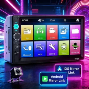 Central multimídia 2din universal7 bluetooth espelha camera preto