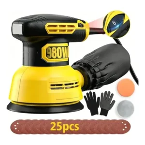 Lixadeira orbital 980w com velocidade variável e coletor de pó, 18000rpm + 25 lixas kit completo 127v amarelo