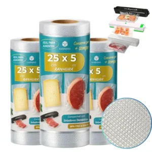 3 unidades rolo bobina 25cm x 5 metros saco plástico a vácuo gofrada embalagem vacu com ranhuras saquinho sous vide... transparente