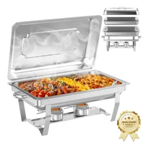 Rechaud retangular de aço inoxidável 9 l, para buffet com cuba única e queimadores a álcool 127/220v