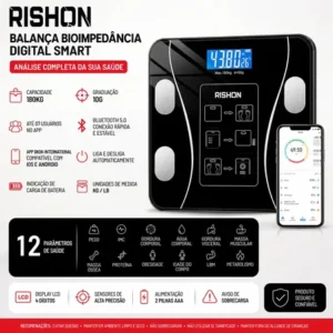 Balança bioimpedancia digital 180kg smart imc profissional rishon com aplicativo preto