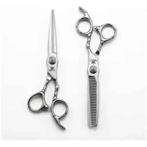 Kit tesoura barbeiro profissional fio liso e desfiadeira 6.0 prateado