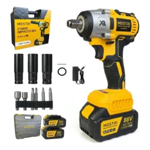 Chave de impacto a bateria profissional recarregável 88v 4ah brushless parafusadeira furadeira alta potência sem escova 2 baterias mestri m-88v amarelo e preto 127/220v