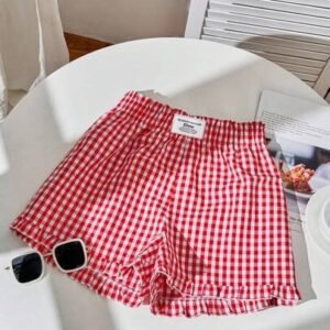 Comfortcana women's casual red plaid ruffle hem shorts, suitable for summer gingham shorts going outcomfortcana out