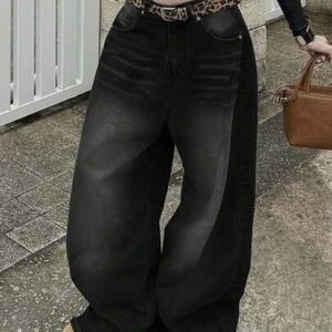 Vintage high street washed black jeans, women's fashion design straight loose casual wide leg pants, spring/summervintage spring/summer