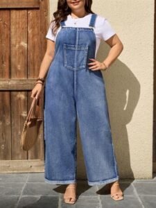 Plus size casual washed loose denim bib pantsplus pants