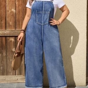 Plus size casual washed loose denim bib pantsplus pants