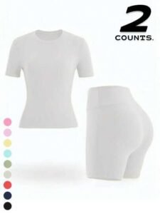 Two piece set of women's solid color round neck t-shirt+high waisted cycling shorts sports suit, lapel short sleeved t-shirt+tight shorts, gym clothing, sportswear, indoor and outdoor casual fitness workspace sportsweartwo sportswear