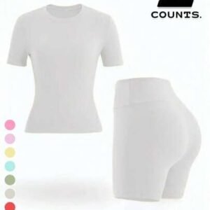 Two piece set of women's solid color round neck t-shirt+high waisted cycling shorts sports suit, lapel short sleeved t-shirt+tight shorts, gym clothing, sportswear, indoor and outdoor casual fitness workspace sportsweartwo sportswear