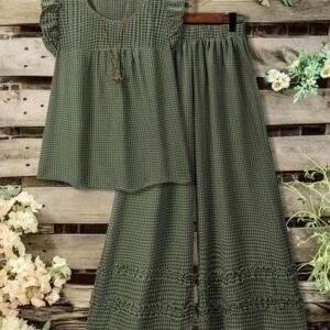 Plus size women plaid round neck ruched cap sleeve shirt + elastic waist wide leg pants two pieces casual suit, spring/summerplus spring/summer