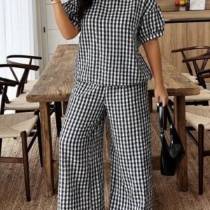 Plaid drawstring reversible plus size women loose fit short sleeve top and pants setplaid set