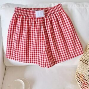 Comfortcana women's fashion red woven plaid shorts for summer valentine's daycomfortcana day