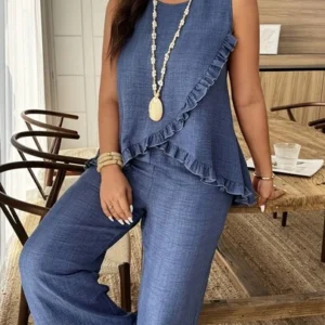 Weeklong women plus size ruffle trim sleeveless loose top and straight leg pants 2 pieces set, suitable for vacation daily wear, spring/summerweeklong spring/summer