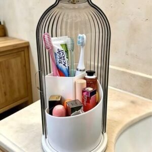 Makeup brush holder organizer with lid,360 rotating make up cover,dustproof makup storage for vanity bathroom countertop,covered toothbrush holder,dressing table essentials,cosmetic countertop caddies,shower sink storage(grey)makeup storage(grey)