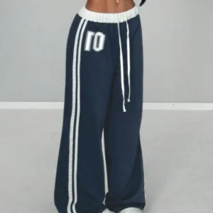 Streethx women summer numeric print waistbpatchwork sweatpants navy blue white,winter,athleisure,workout,back-to-school retro loose casual sports outfitsstreethx outfits