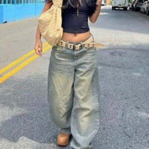 Vintage blue washed straight-leg jeans for women, american design loose casual wide-leg dragging long pantsvintage pants