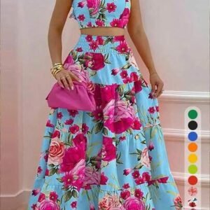 Ziai new summer mid-waist sexy spaghetti strap flared skirt fashion print 2 pieces set for women elegantziai elegant