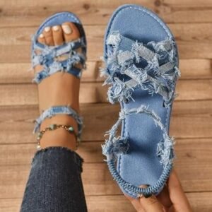 Spring/summer new flat buckle strap sandals, plus size open toe blue slippers, outdoor casual woven beach women sandalsspring/summer sandals