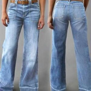 Women's casual elegant wide leg denim jeans, with pockets, frayed hem washed long style, creating fashion lookwomen's look