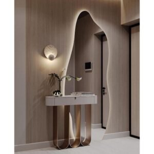 Espelho orgânico 120x50cm c/ led pilhas quente – form, 2 suportes vertical/horizontal, decorativo e moderno