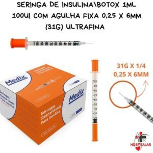Seringa de insulina e botox 1ml 100ui com agulha fixa 0,25 x 6mm (31g 1/4) ultrafina