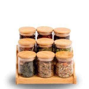 Conjunto porta mantimento de vidro 250ml hermético tampa bambu para alimentos temperos