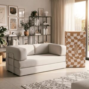 Sofá cama casal 2 lugares boucle e cotele bloom 1,90m - com haste inox na caixa