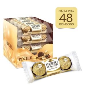 Caixa ferrero rocher 48 un chocolate ao leite avelã 16 pacotes 37,5g t3 bombom wafer crocante recheio cremoso
