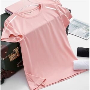 Camiseta esportiva solta listras reflexivas estampadas, respirável, absorção de umidade e casual para mulheres - verão